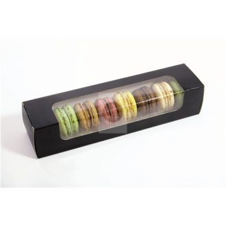   Macaron részére ablakos fekete papír csomagolódoboz 230x55x50mm (műanyag rögzítő betéttel), x100db